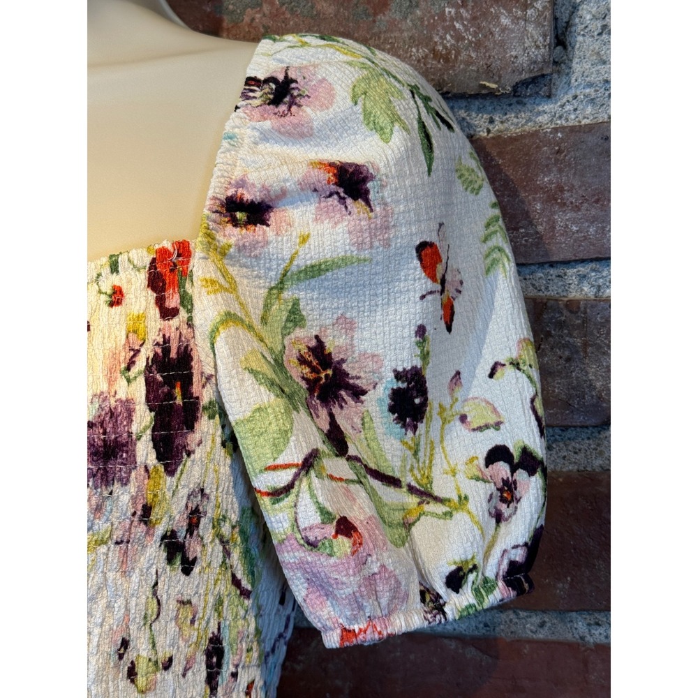 Floral Butterfly Smocked Puff Sleeve Mini Dress White Small - Picture 3 of 7